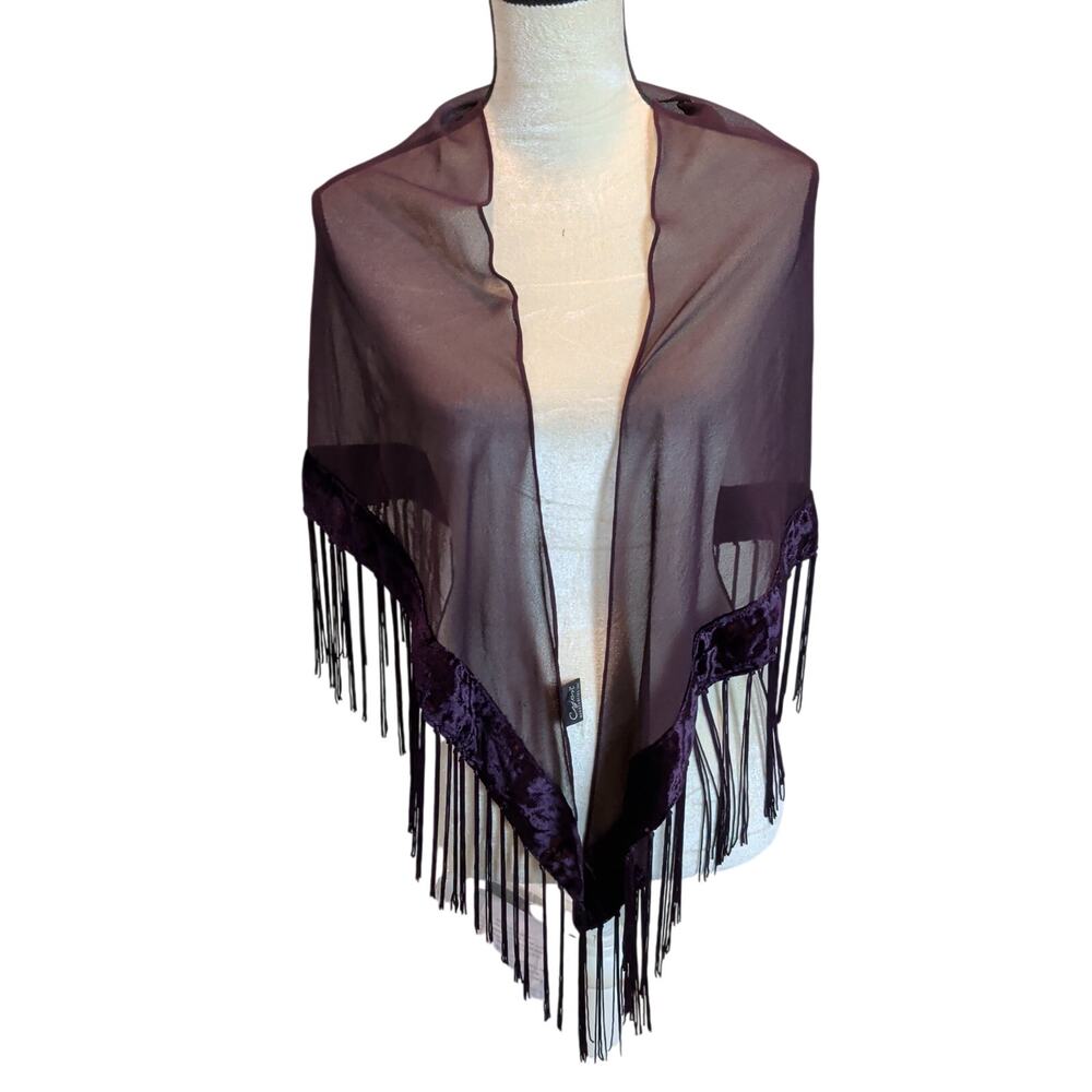Vtg Cejon Purple Velvet Sheer Shawl Fringe Fairy Goth Whimsygoth Witchy Formal